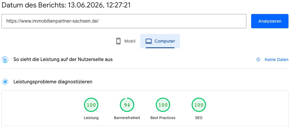 Google PageSpeed Insights Ergebnis: 100 Leistung, 94 Barrierefreiheit, 100 Best Practices, 100 SEO